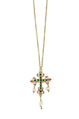 Lot 90 - A pearl, enamel and green paste cross pendant...