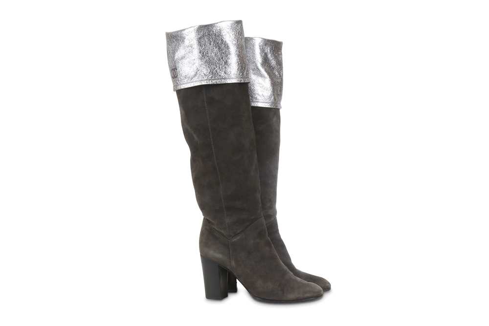 Lot 22 Chanel Silver and Grey Knee High Boots suede