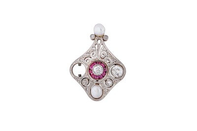 Lot 28 - A pearl, ruby and diamond pendant The openwork...