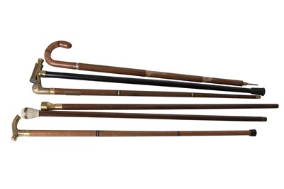 Lot 348 - Six novelty walking sticks, two with drinking...