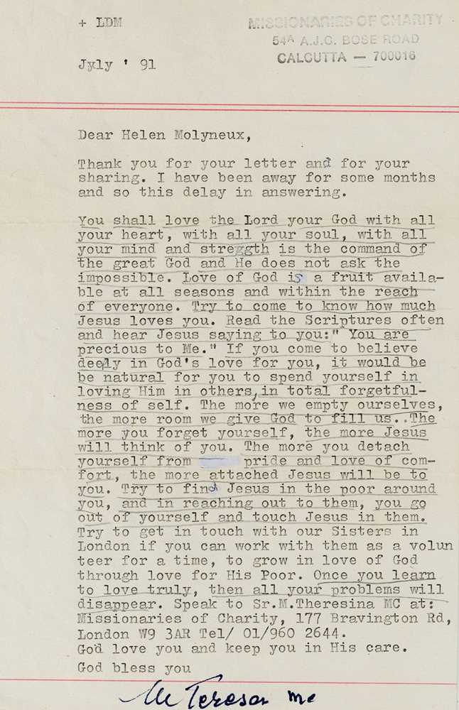 Lot 222 - Mother Teresa Typed letter signed (‘God bless...