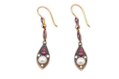 Lot 69 - A pair of cultured pearl, ruby and diamond...