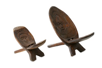 Lot 198 - TWO MINIATURE WOOD BIRTHING CHAIRS Both formed...