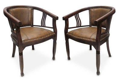 Lot 343 - A pair of hardwood open tub chairs, with tan...