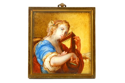 Lot 375 - A square painted portrait miniature on ivory,...