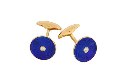 Lot 89 - A pair of diamond and enamel cufflinks, by...