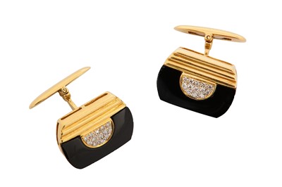 Lot 92 - A pair of onyx and diamond cufflinks Of single-...