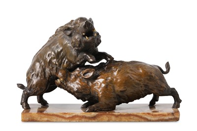 Lot 220 - AN EARLY 20TH CENTURY BRONZE MODEL OF TWO WILD...