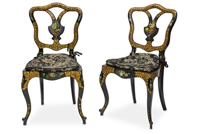 Lot 341 - A pair of Victorian black lacquered chairs...