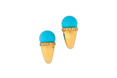 Lot 133 - A pair of turquoise and diamond earclips, by...