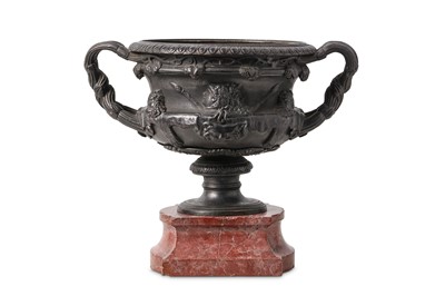 Lot 277 - A 19TH CENTURY BRONZE URN OF BACCHIC THEME...