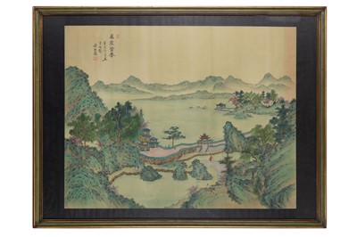 Lot 146 - A Chinese green and blue landscape painting,...