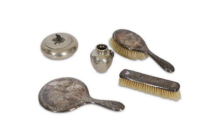 Lot 109 - Two silver backed brushes and a hand mirror...